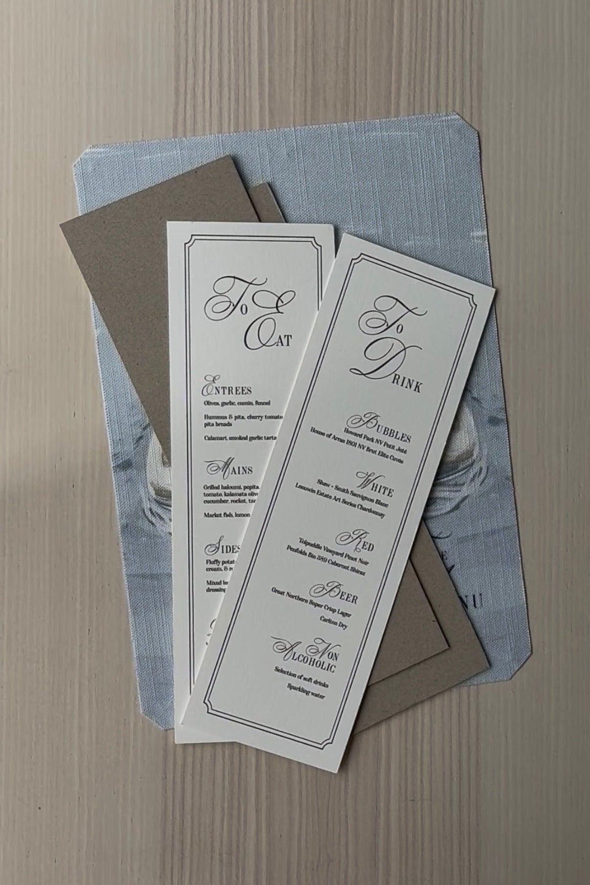 Linen Hard Cover Menu - Swan Lake Design - LONG