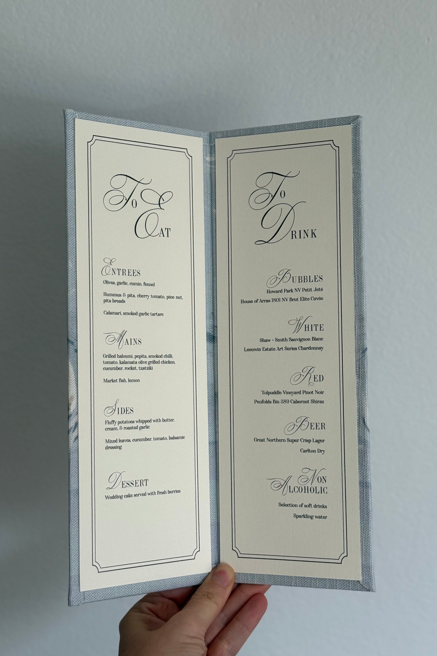 Linen Hard Cover Menu - Swan Lake Design - LONG