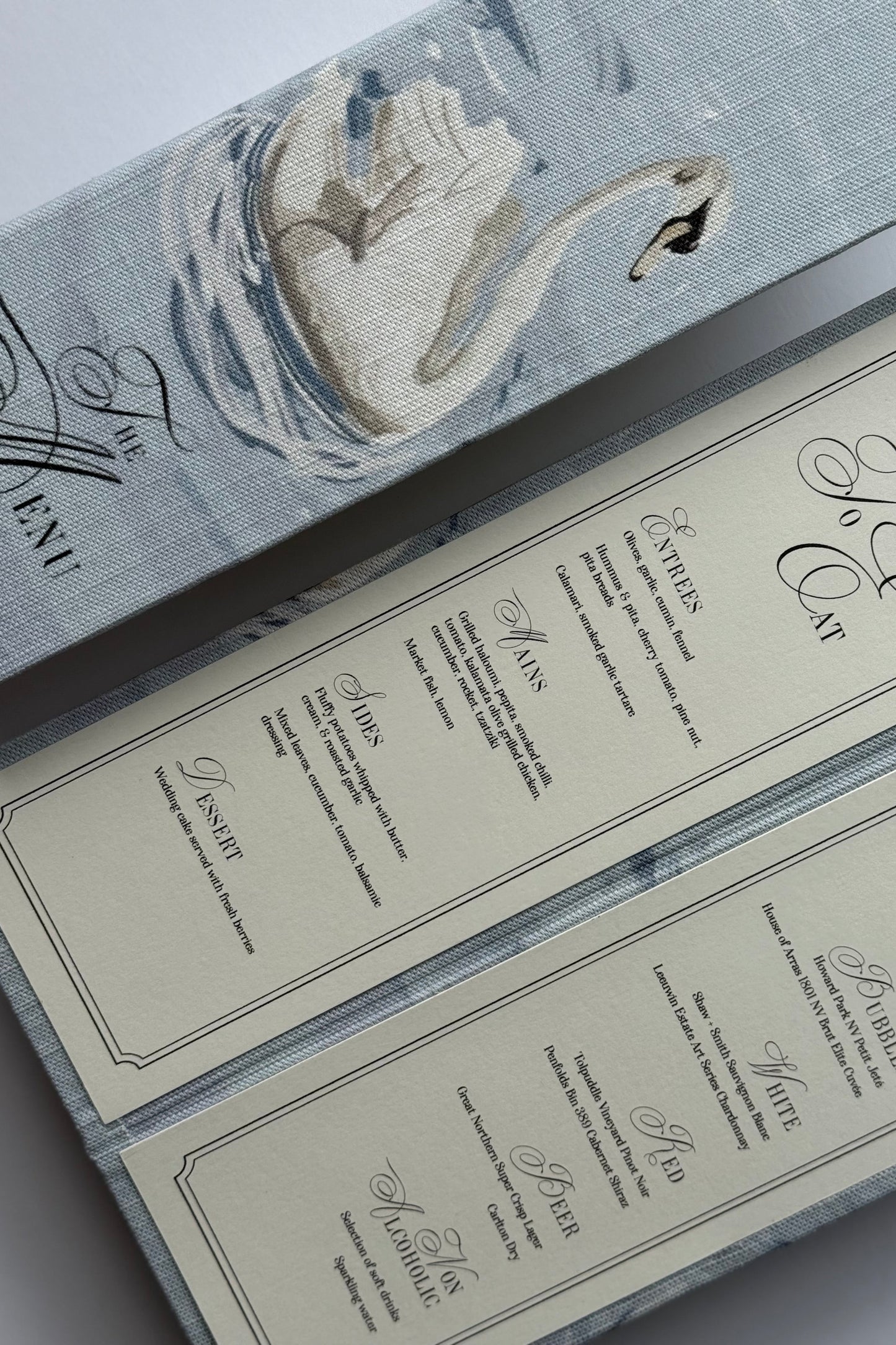 Linen Hard Cover Menu - Swan Lake Design - LONG