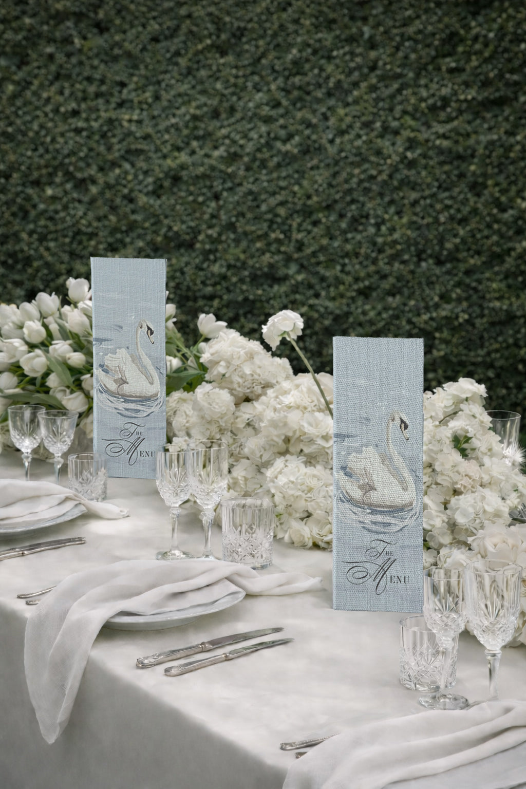 Linen Hard Cover Menu - Swan Lake Design - LONG